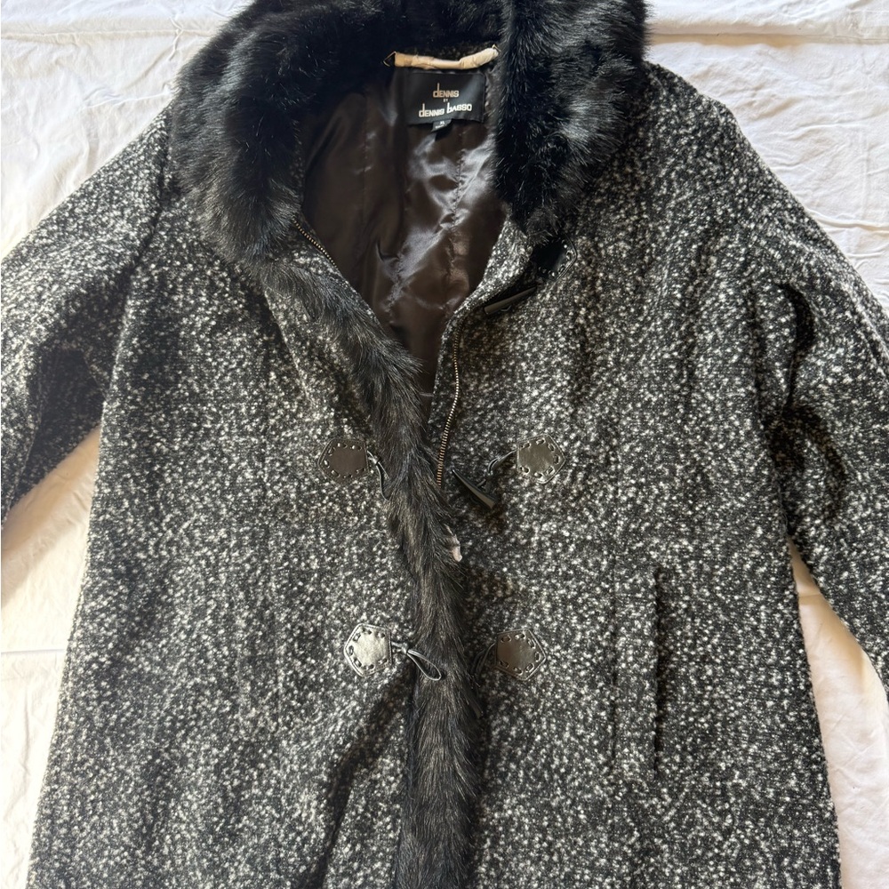 Dennis Basso Black and Gray Pea Coat with Textured Wool